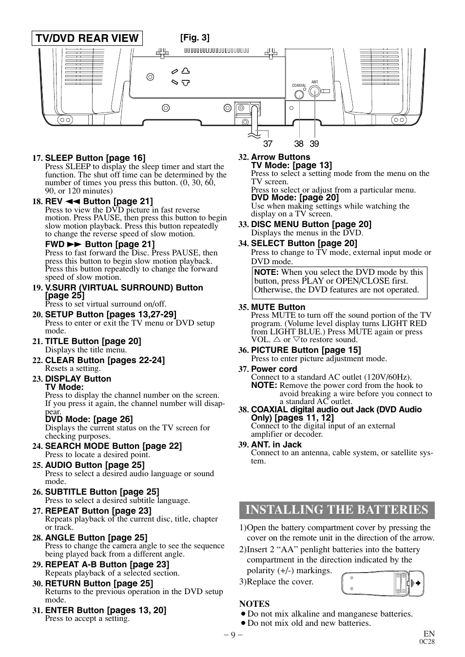 Installing the batteries, Tv/dvd rear view | Emerson EWC20D4 User Manual | Page 9 / 40