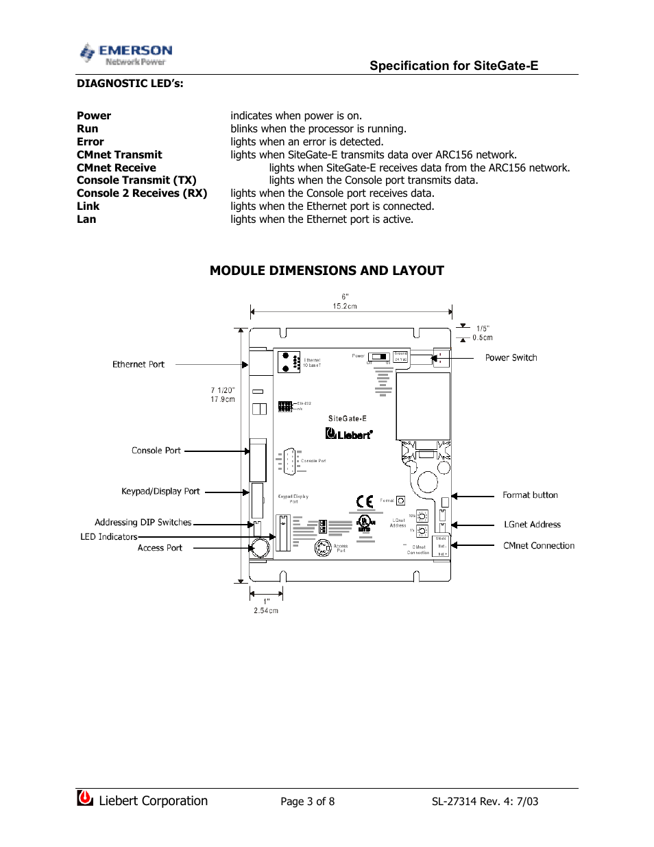 Module dimensions and layout | Emerson SiteGate-E ARC156 User Manual | Page 3 / 8