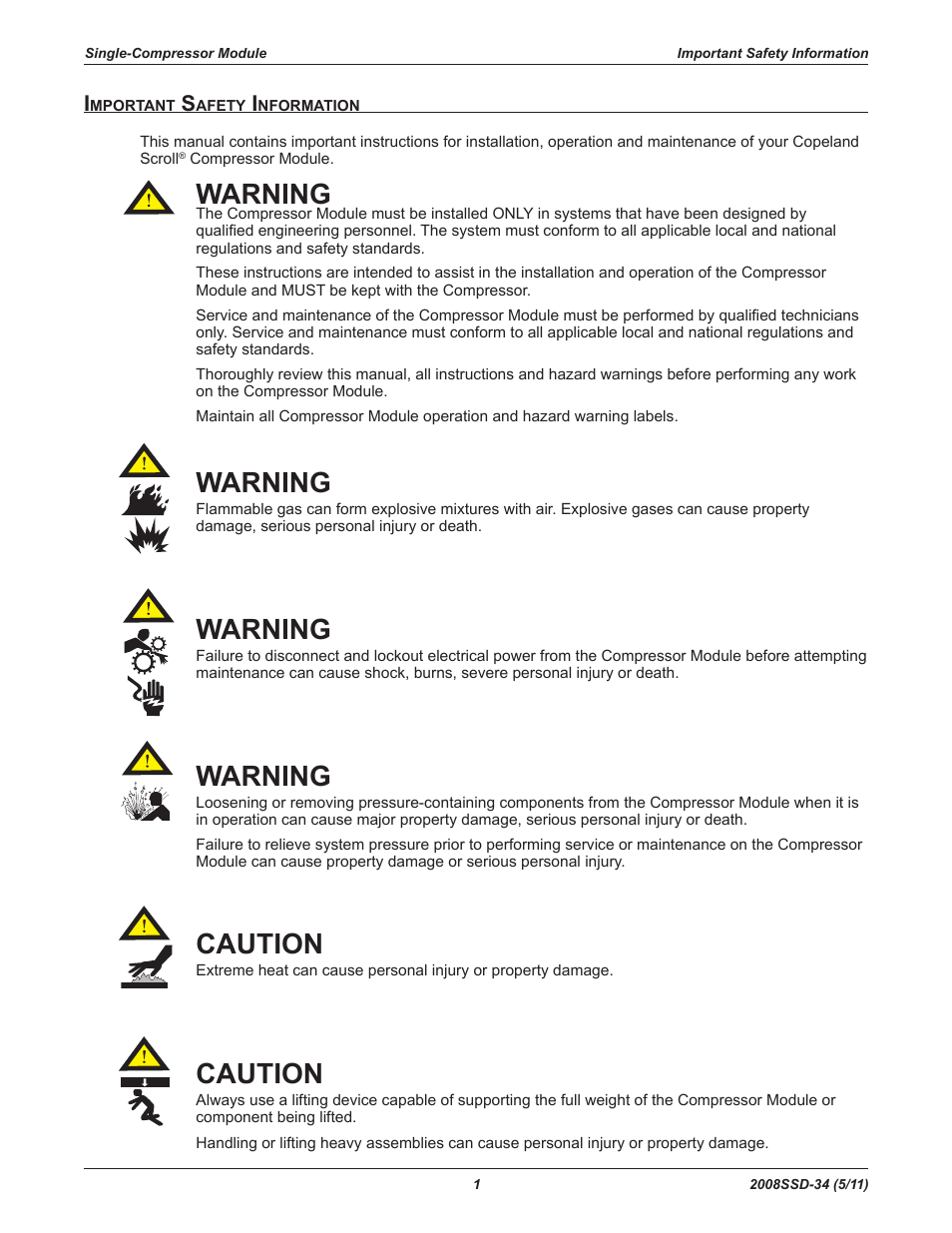 Warning, Caution | Emerson COPELAND SCROLL SZO22 User Manual | Page 7 / 34