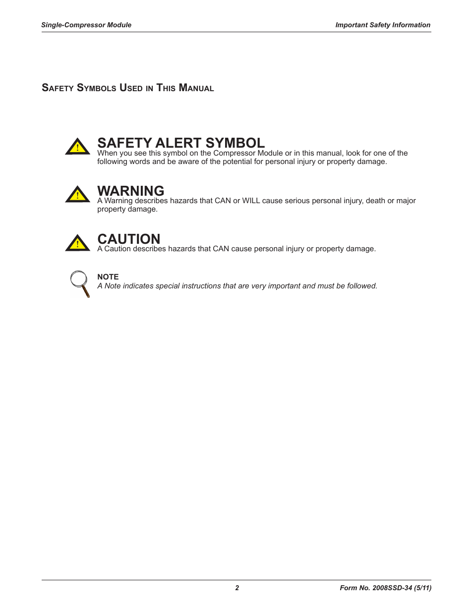 Safety alert symbol, Warning, Caution | Emerson COPELAND SCROLL SZO22 User Manual | Page 8 / 34
