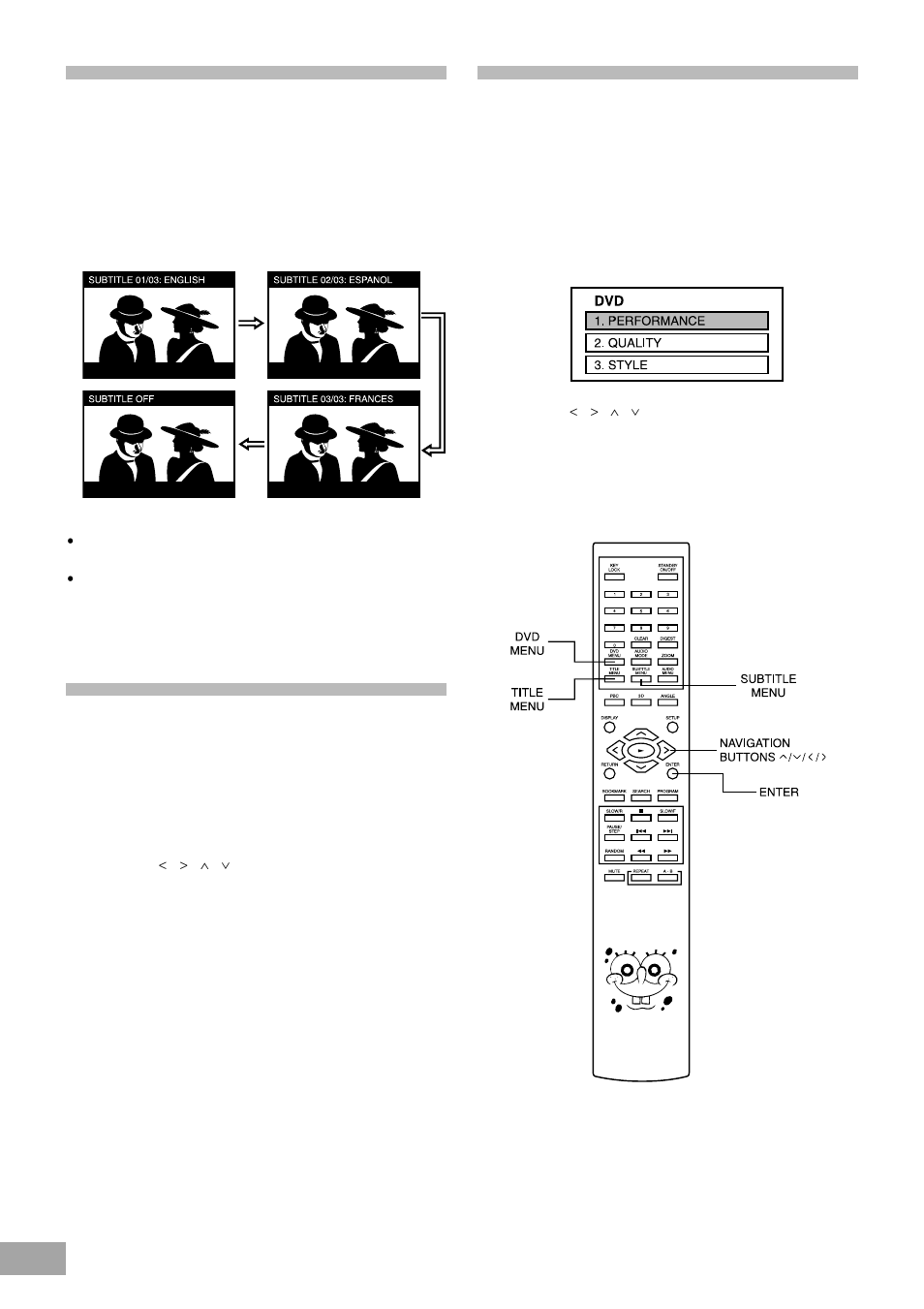 Changing subtitle language, Selection of titles, Using a dvd menu | Emerson SB325 User Manual | Page 24 / 36