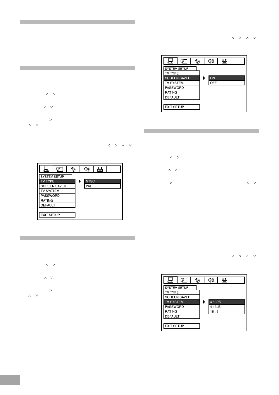 Settings and adjustments, Tv type, Screen saver | Tv system | Emerson SB325 User Manual | Page 26 / 36