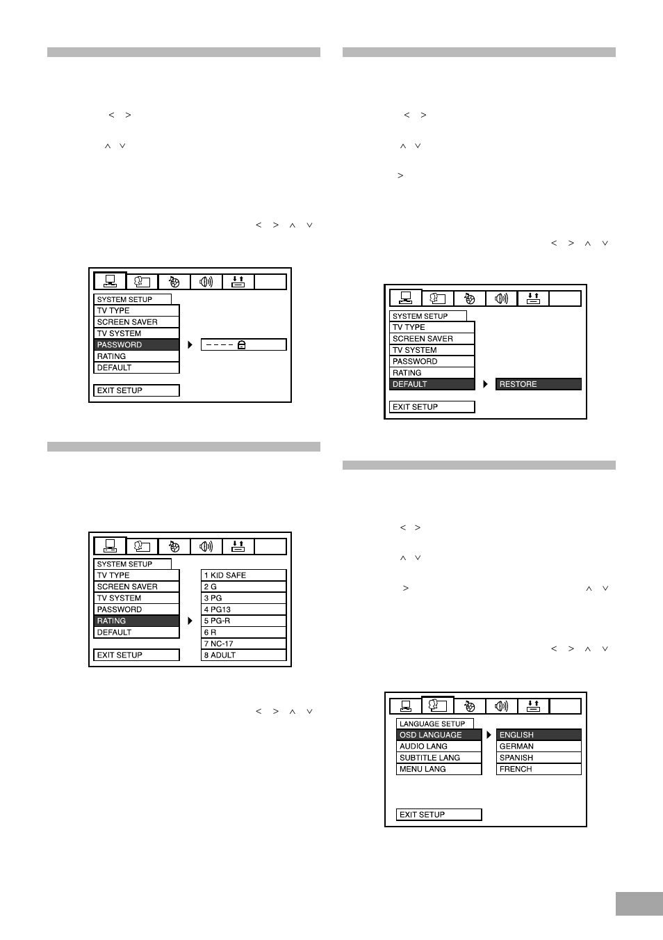 Password, Rating, Default | Osd language | Emerson SB325 User Manual | Page 27 / 36