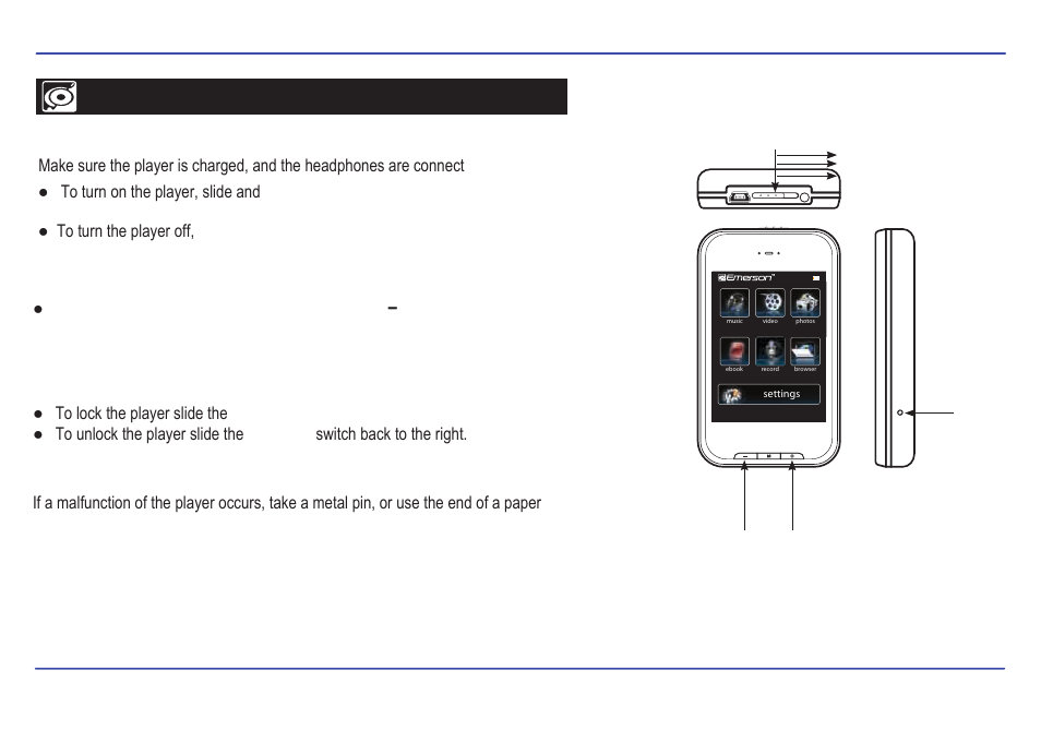 Basic operation, Turning on/off lock / unlock buttons, Reset the player | Adjusting the volume | Emerson TOUCH SCREEN EMP588-4 User Manual | Page 11 / 31