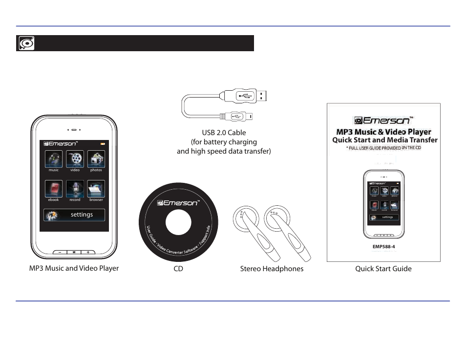 4 gb, Quick start and media transfer | Emerson TOUCH SCREEN EMP588-4 User Manual | Page 2 / 31