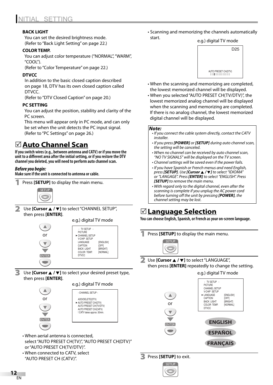 Nitial setting, Auto channel scan, Language selection | Emerson SLC195EM8 User Manual | Page 12 / 60