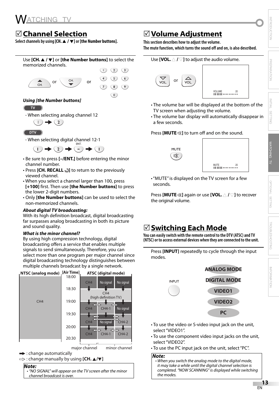 Atching tv, Channel selection, 5volume adjustment | Switching each mode | Emerson SLC195EM8 User Manual | Page 13 / 60
