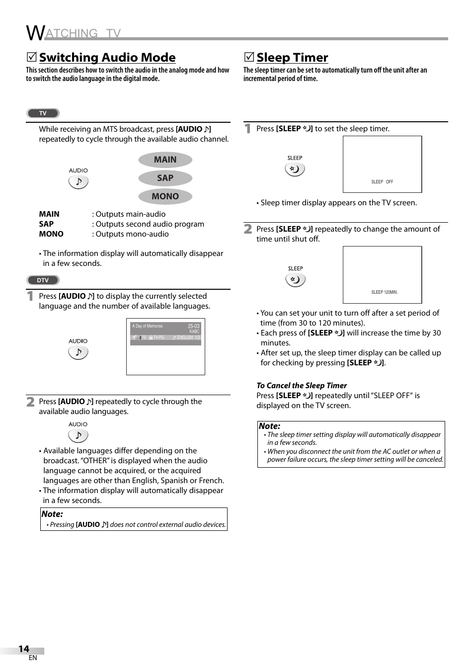 Atching tv, Switching audio mode, 5sleep timer | Emerson SLC195EM8 User Manual | Page 14 / 60