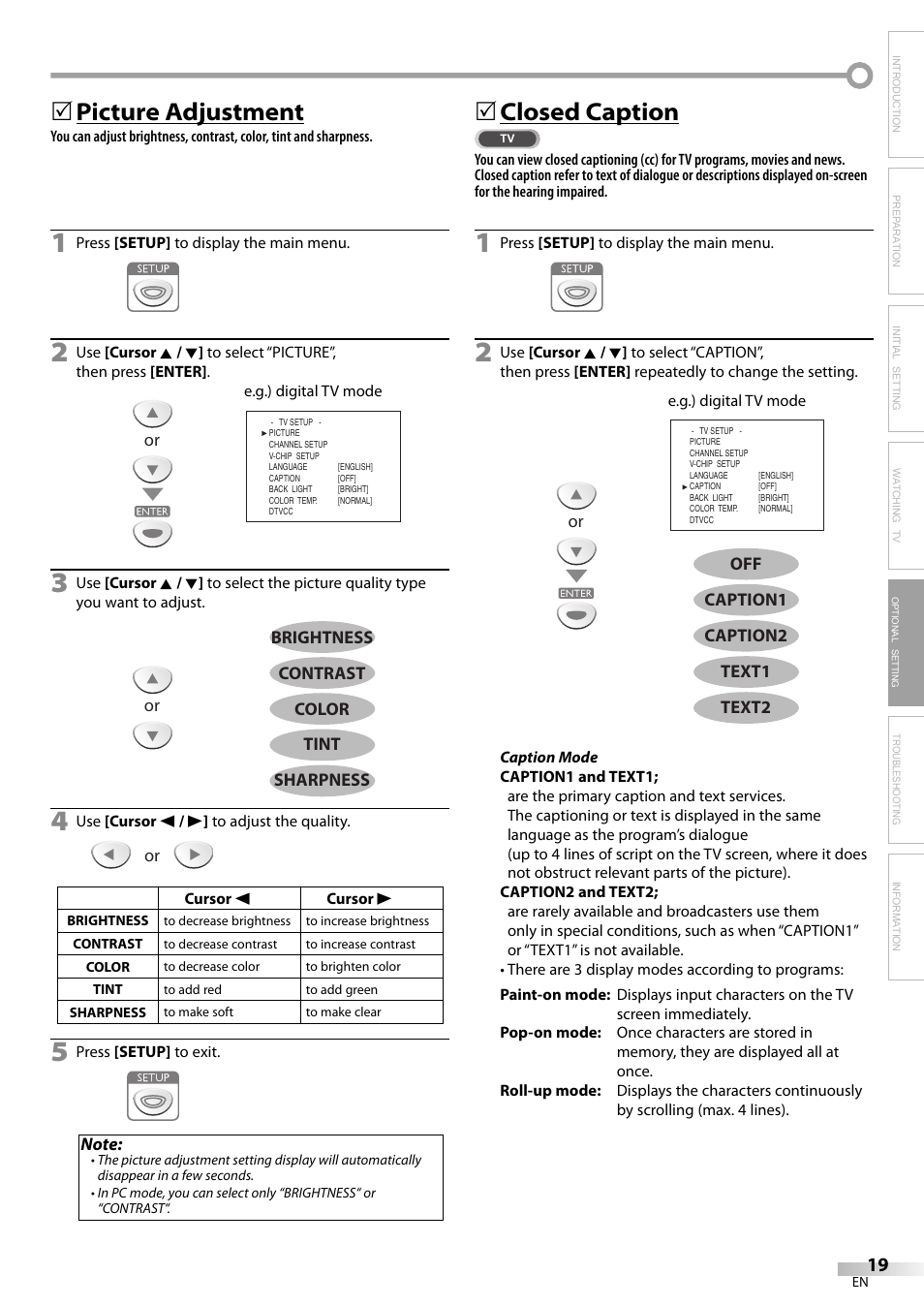 Picture adjustment, 5closed caption | Emerson SLC195EM8 User Manual | Page 19 / 60
