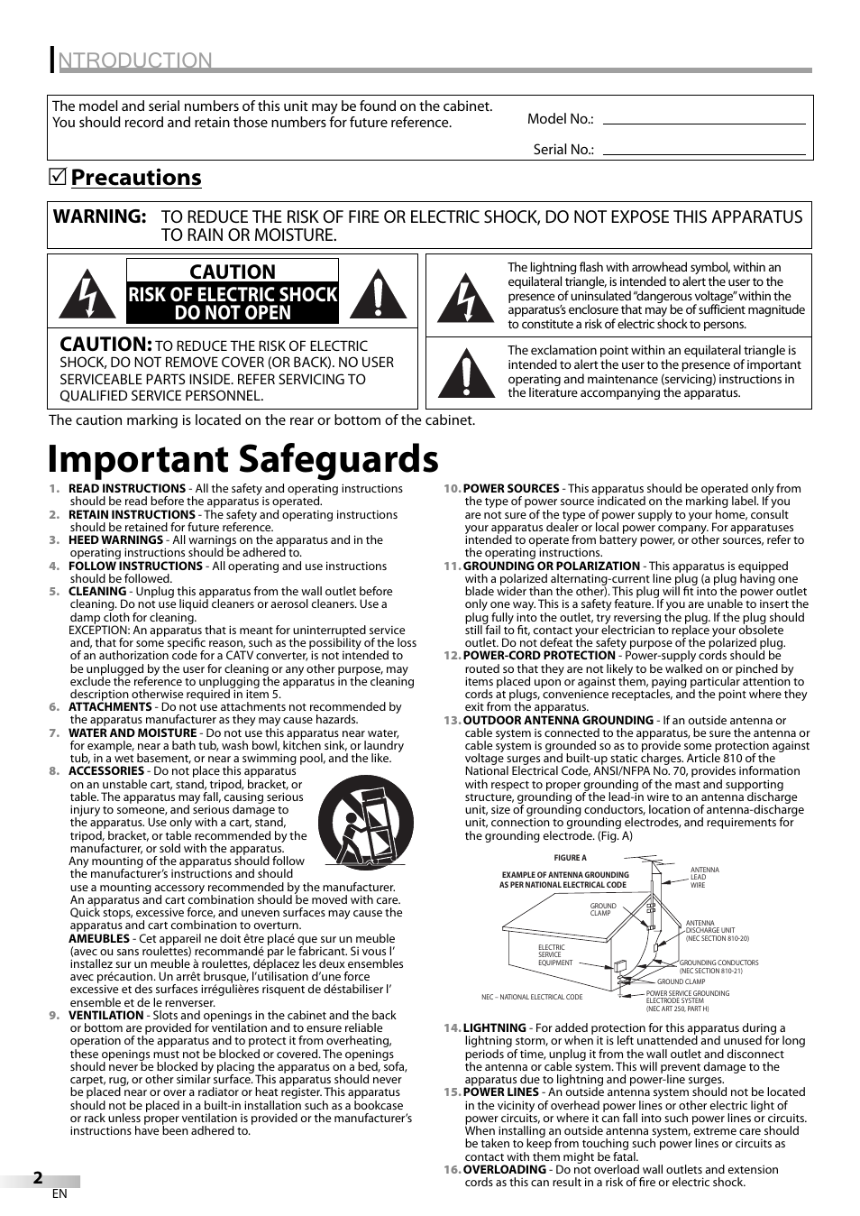 Important safeguards, Ntroduction, Precautions 5 | Caution, Caution risk of electric shock do not open, Warning | Emerson SLC195EM8 User Manual | Page 2 / 60