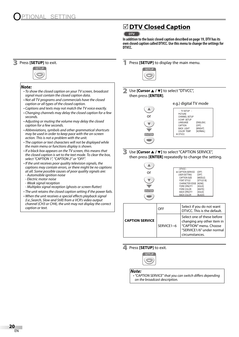 Ptional setting, Dtv closed caption | Emerson SLC195EM8 User Manual | Page 20 / 60