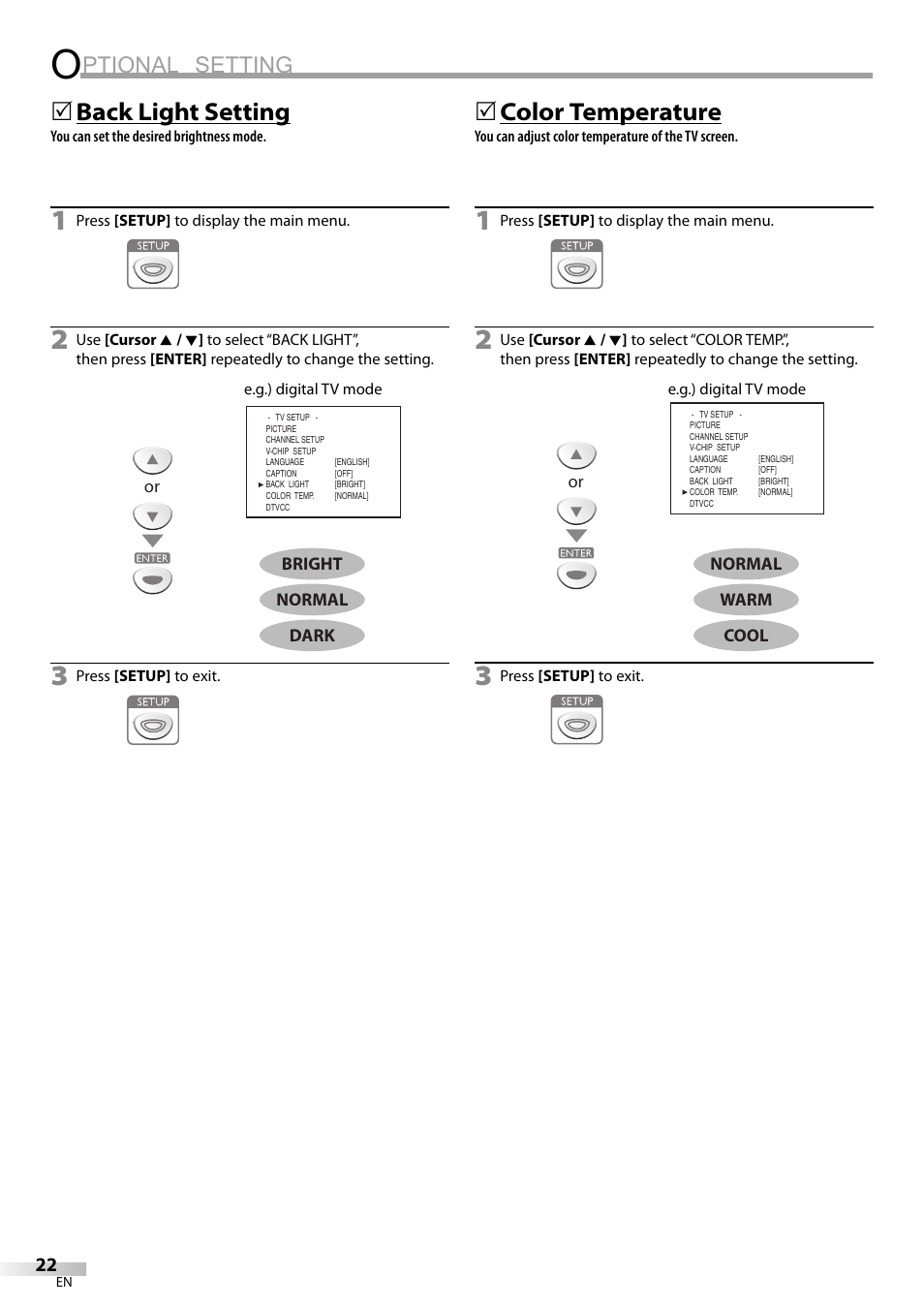 Ptional setting, Back light setting, 5color temperature | Emerson SLC195EM8 User Manual | Page 22 / 60