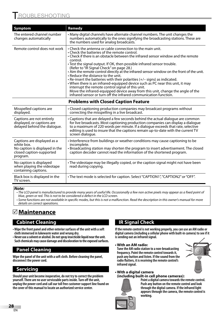 Roubleshooting, Maintenance 5, Cabinet cleaning | Panel cleaning, Servicing, Ir signal check | Emerson SLC195EM8 User Manual | Page 28 / 60