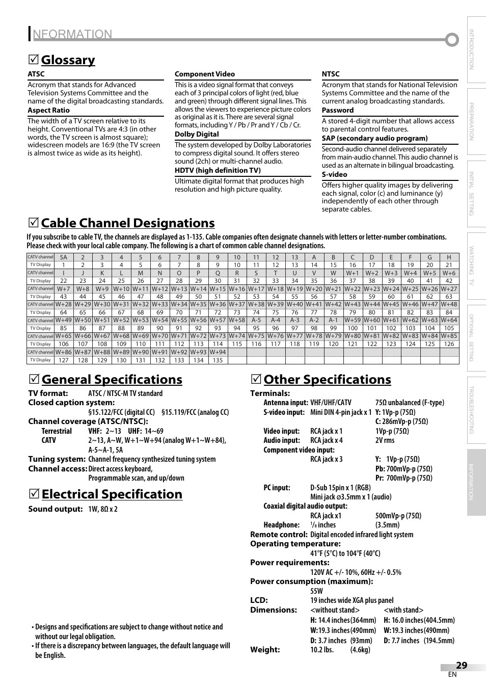 Nformation, Glossary 5, Electrical specification | 5other specifications, Troubleshooting information | Emerson SLC195EM8 User Manual | Page 29 / 60