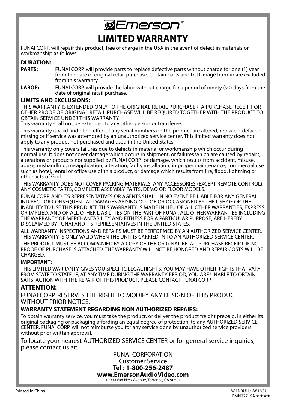 Limited warranty | Emerson SLC195EM8 User Manual | Page 30 / 60