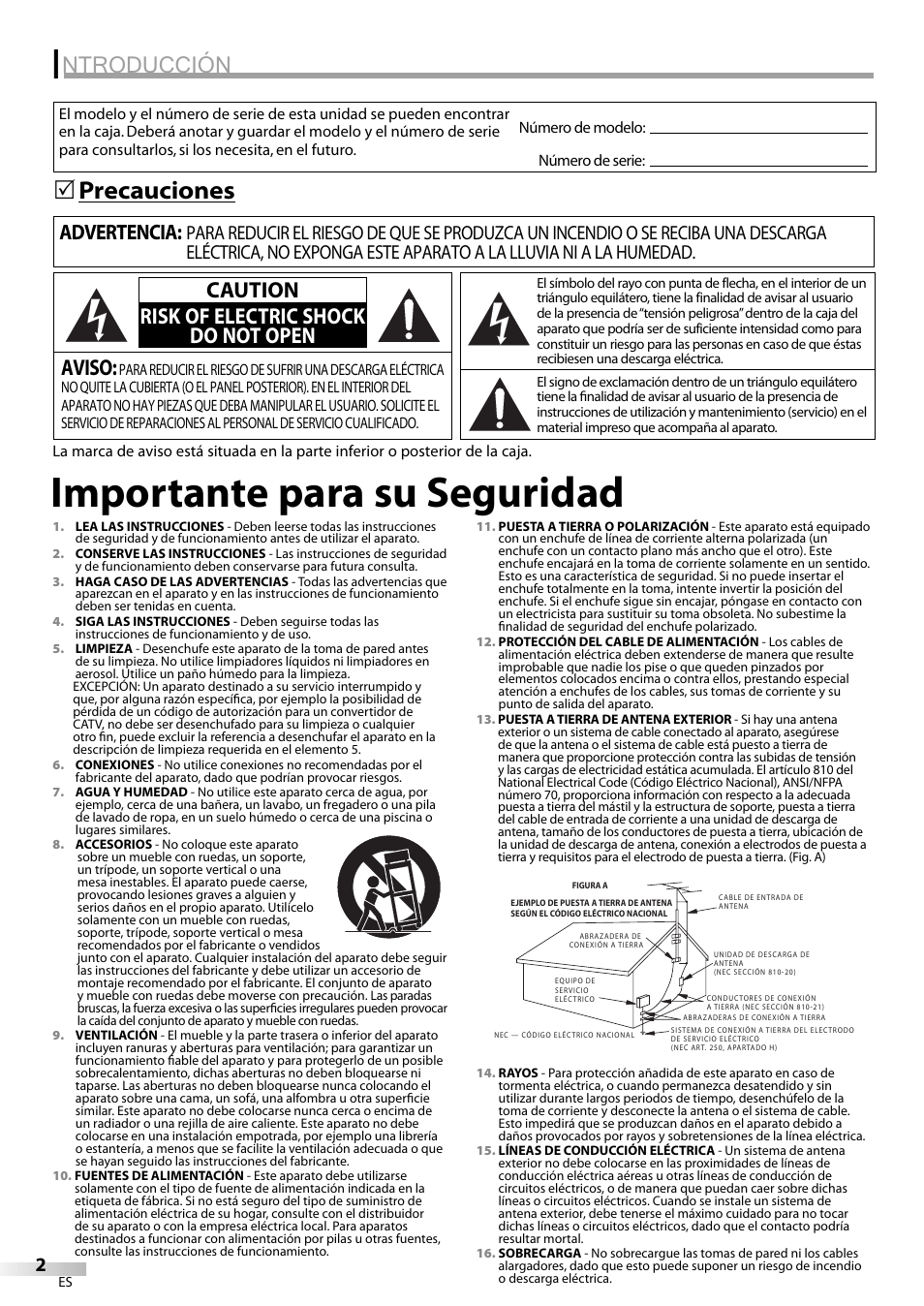 Importante para su seguridad, Ntroducción, Precauciones 5 | Aviso, Caution risk of electric shock do not open, Advertencia | Emerson SLC195EM8 User Manual | Page 32 / 60