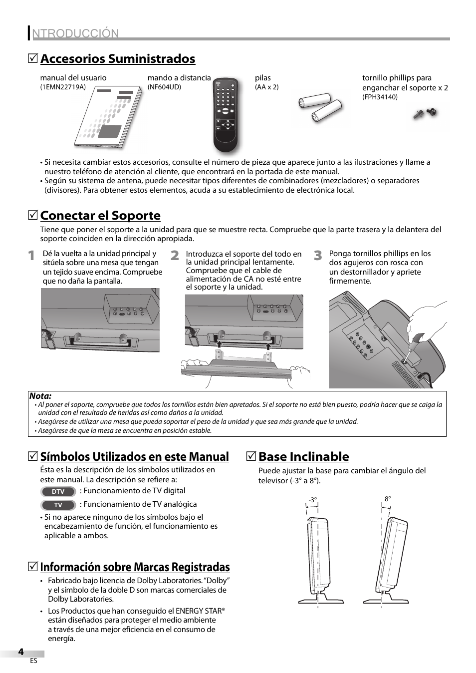 Ntroducción, Información sobre marcas registradas, Conectar el soporte | 5base inclinable | Emerson SLC195EM8 User Manual | Page 34 / 60