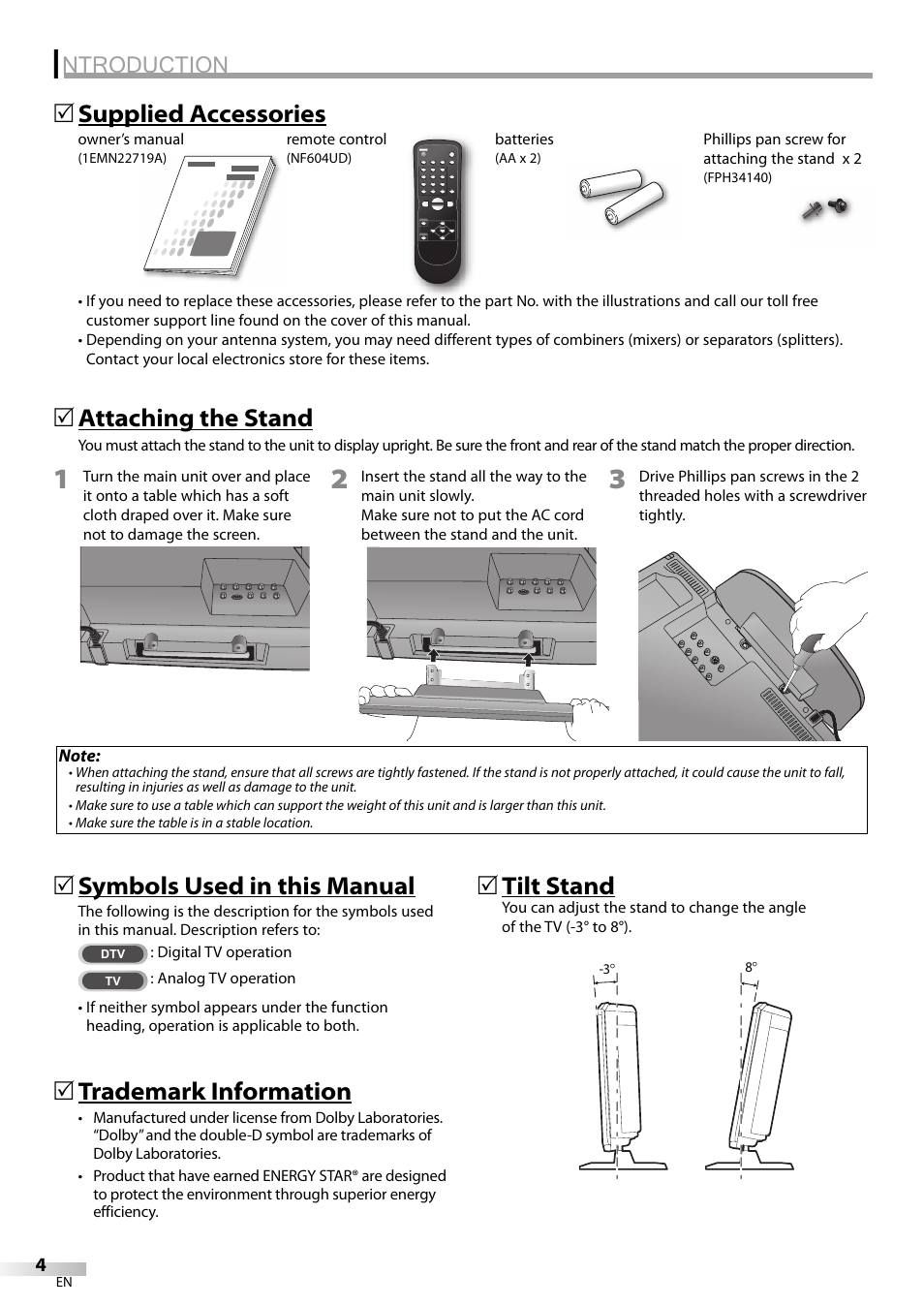 Ntroduction, Supplied accessories 5, Symbols used in this manual | Trademark information, Attaching the stand, Tilt stand | Emerson SLC195EM8 User Manual | Page 4 / 60