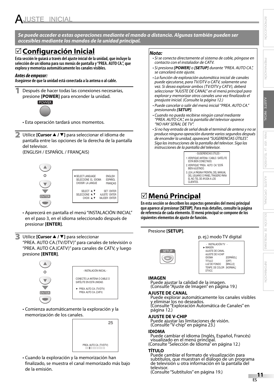 Juste inicial, Configuración inicial, Menú principal | Emerson SLC195EM8 User Manual | Page 41 / 60