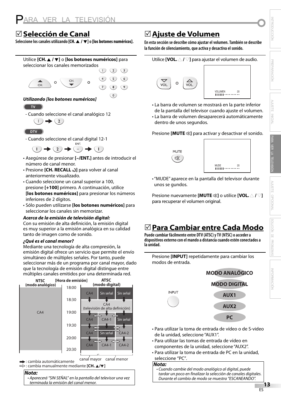 Ara ver la televisión, Selección de canal, 5ajuste de volumen | Para cambiar entre cada modo | Emerson SLC195EM8 User Manual | Page 43 / 60