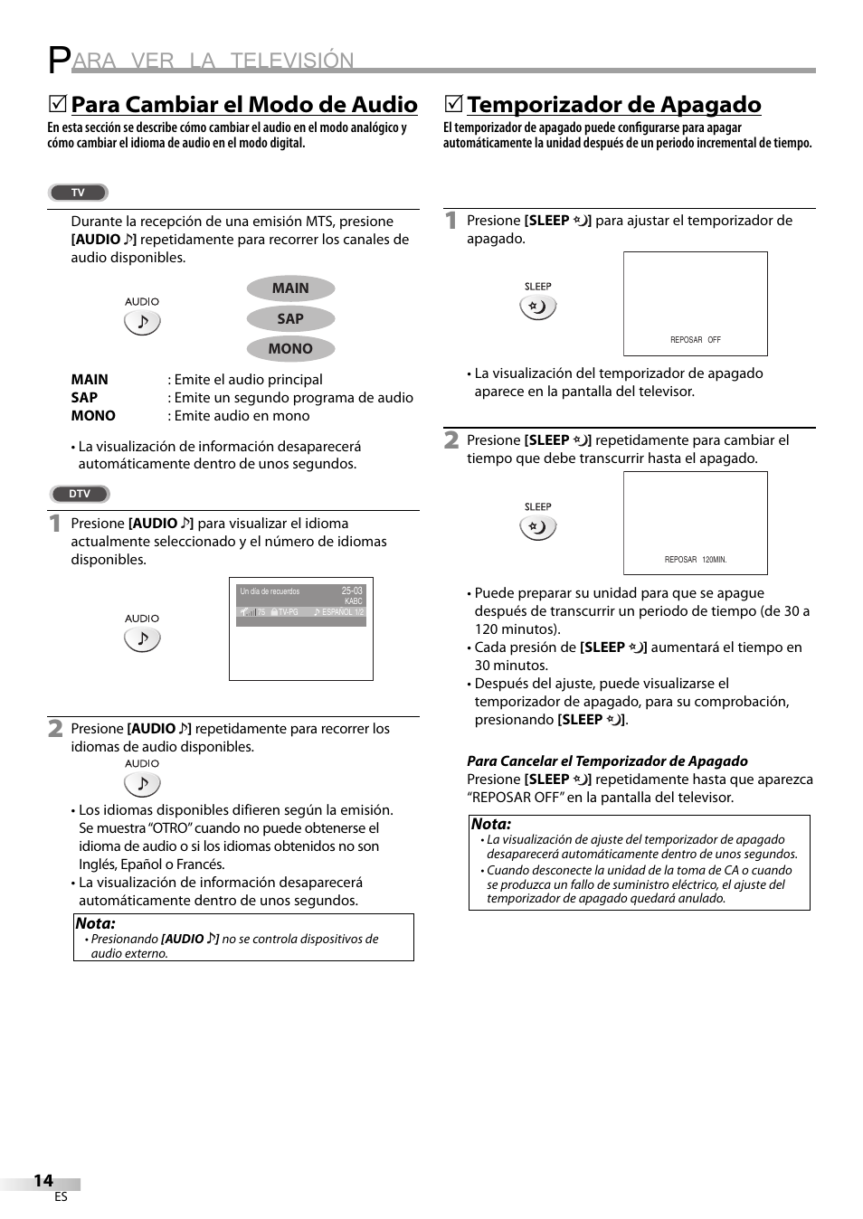 Ara ver la televisión, Para cambiar el modo de audio, 5temporizador de apagado | Emerson SLC195EM8 User Manual | Page 44 / 60