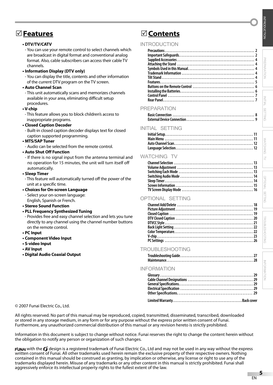 Introduction, Preparation, Initial setting | Watching tv, Optional setting, Troubleshooting, Information, Contents 5, Features 5 | Emerson SLC195EM8 User Manual | Page 5 / 60