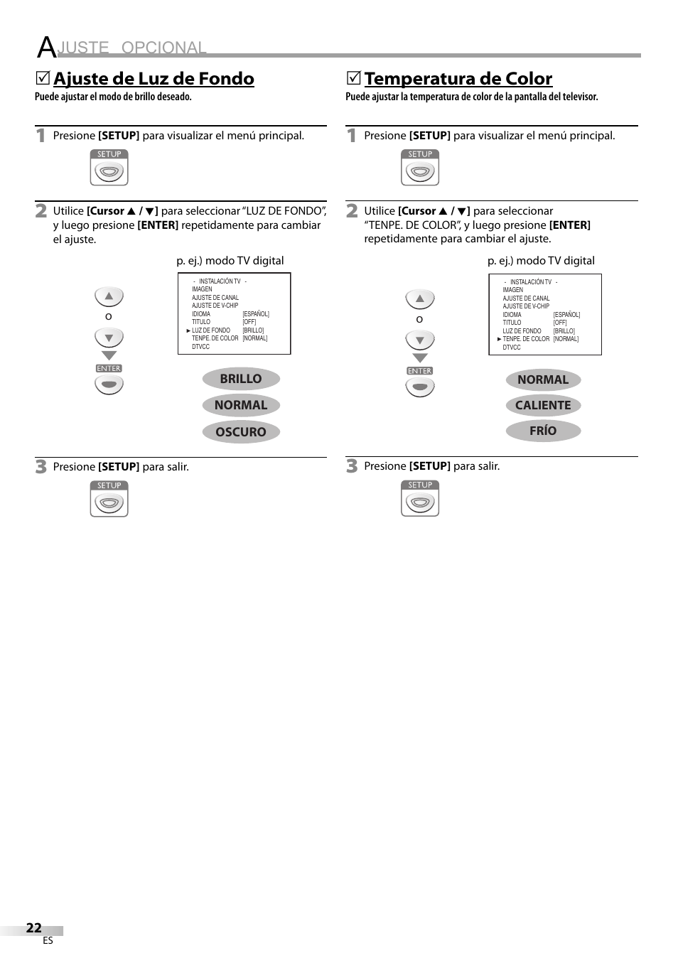 Juste opcional, Ajuste de luz de fondo, 5temperatura de color | Emerson SLC195EM8 User Manual | Page 52 / 60