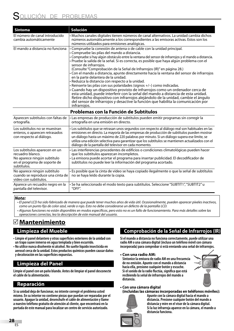 Olución de problemas, Mantenimiento 5, Limpieza del mueble | Limpieza del panel, Reparación, Comprobación de la señal de infrarrojos (ir) | Emerson SLC195EM8 User Manual | Page 58 / 60