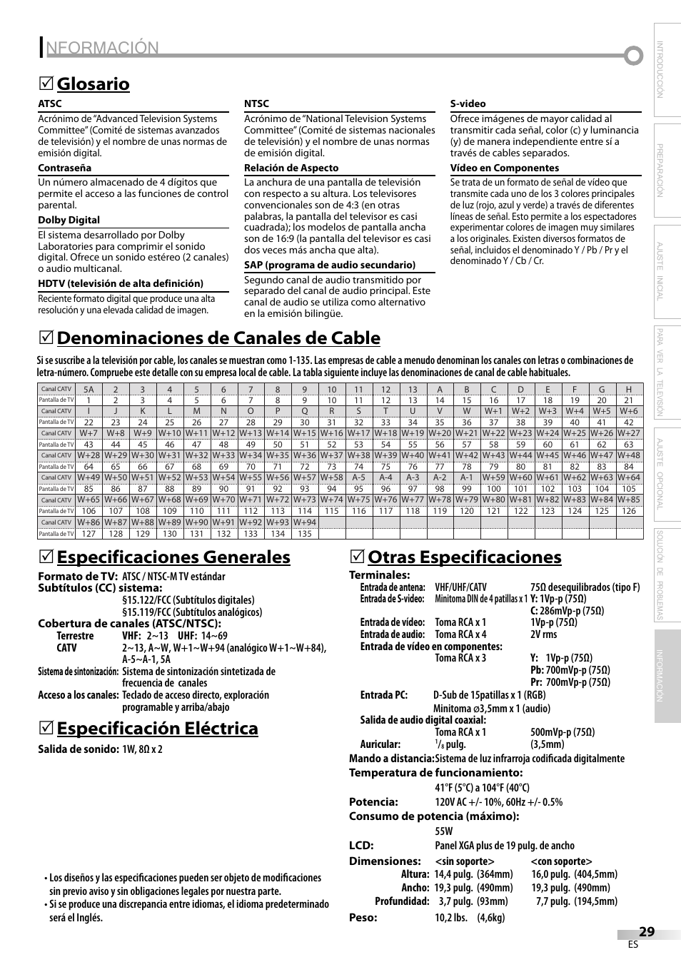 Nformación, Glosario 5, Especificación eléctrica | 5otras especificaciones | Emerson SLC195EM8 User Manual | Page 59 / 60