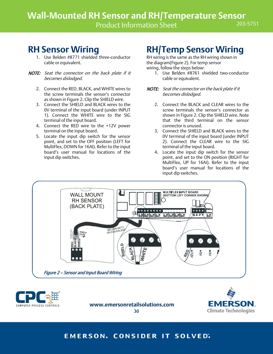 Wall-mounted rh sensor and rh/temperature sensor, Rh sensor wiring, Rh/temp sensor wiring | Product information sheet | Emerson 203-5751 User Manual | Page 2 / 3