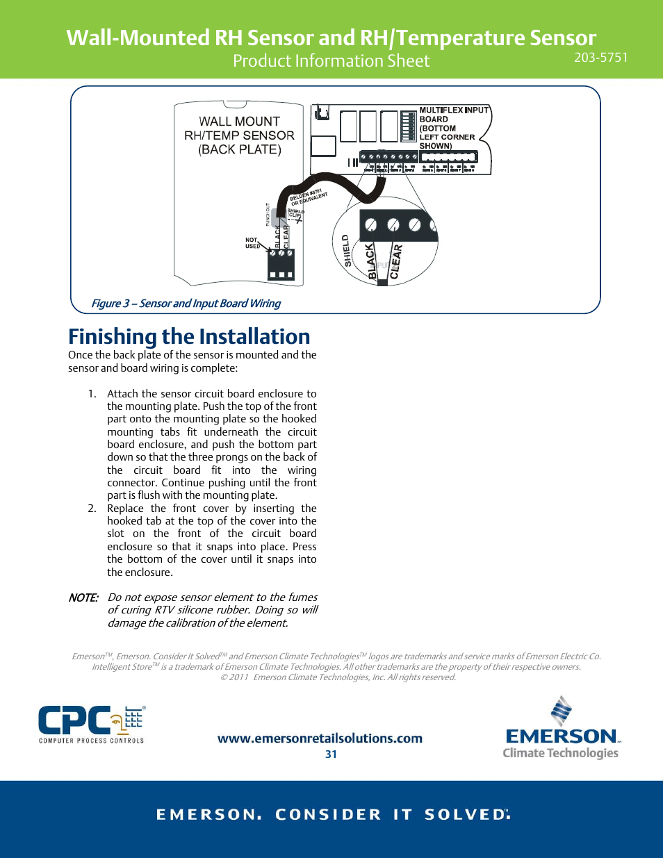 Wall-mounted rh sensor and rh/temperature sensor, Finishing the installation, Product information sheet | Emerson 203-5751 User Manual | Page 3 / 3