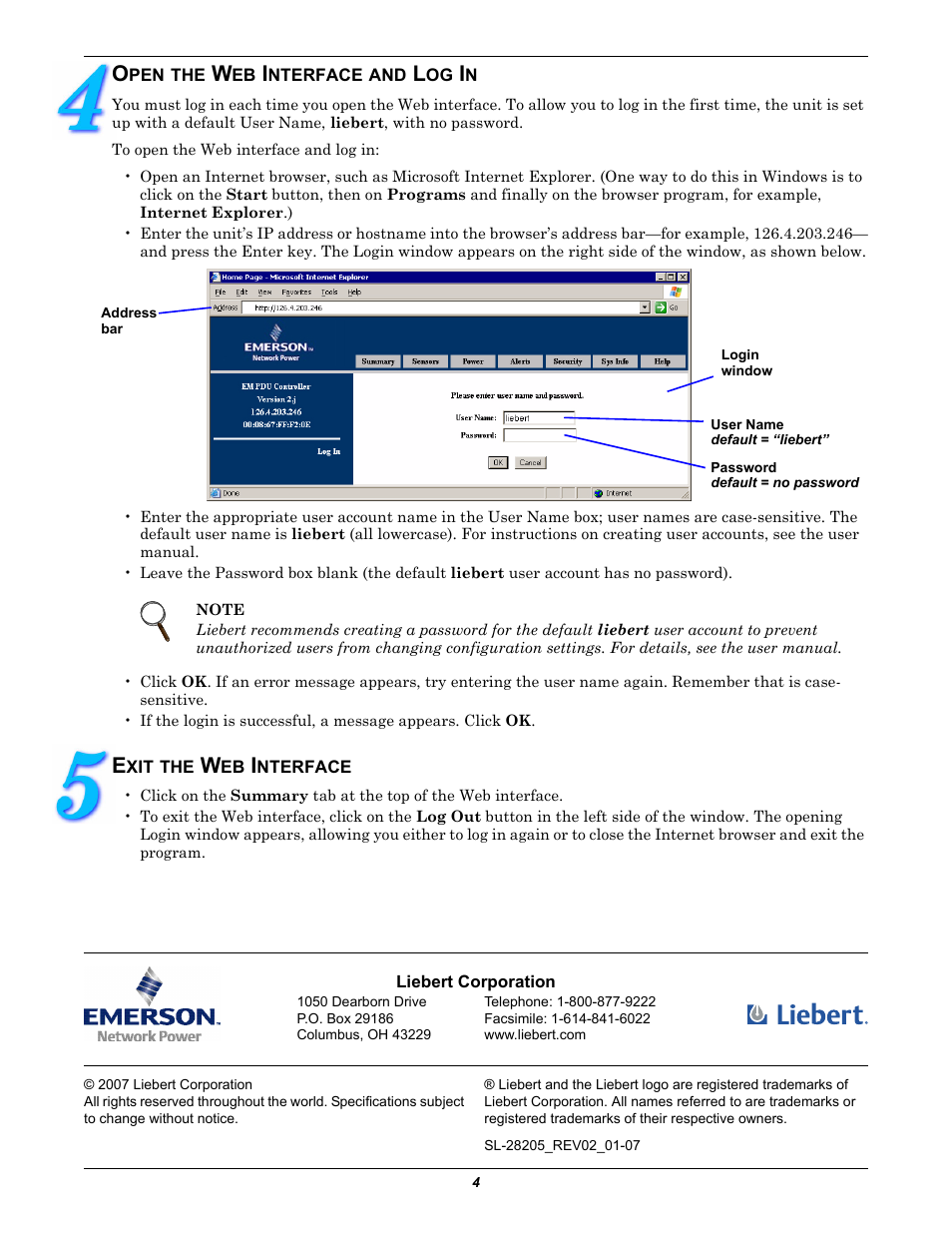 Open the web interface and log in, Exit the web interface | Emerson LIEBERT OPENCOMMS EM User Manual | Page 4 / 4