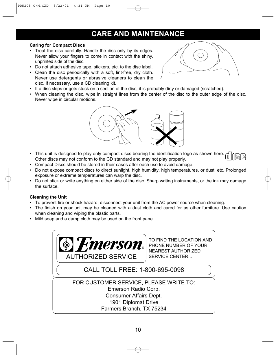 Care and maintenance | Emerson Radio PD5208 User Manual | Page 11 / 14