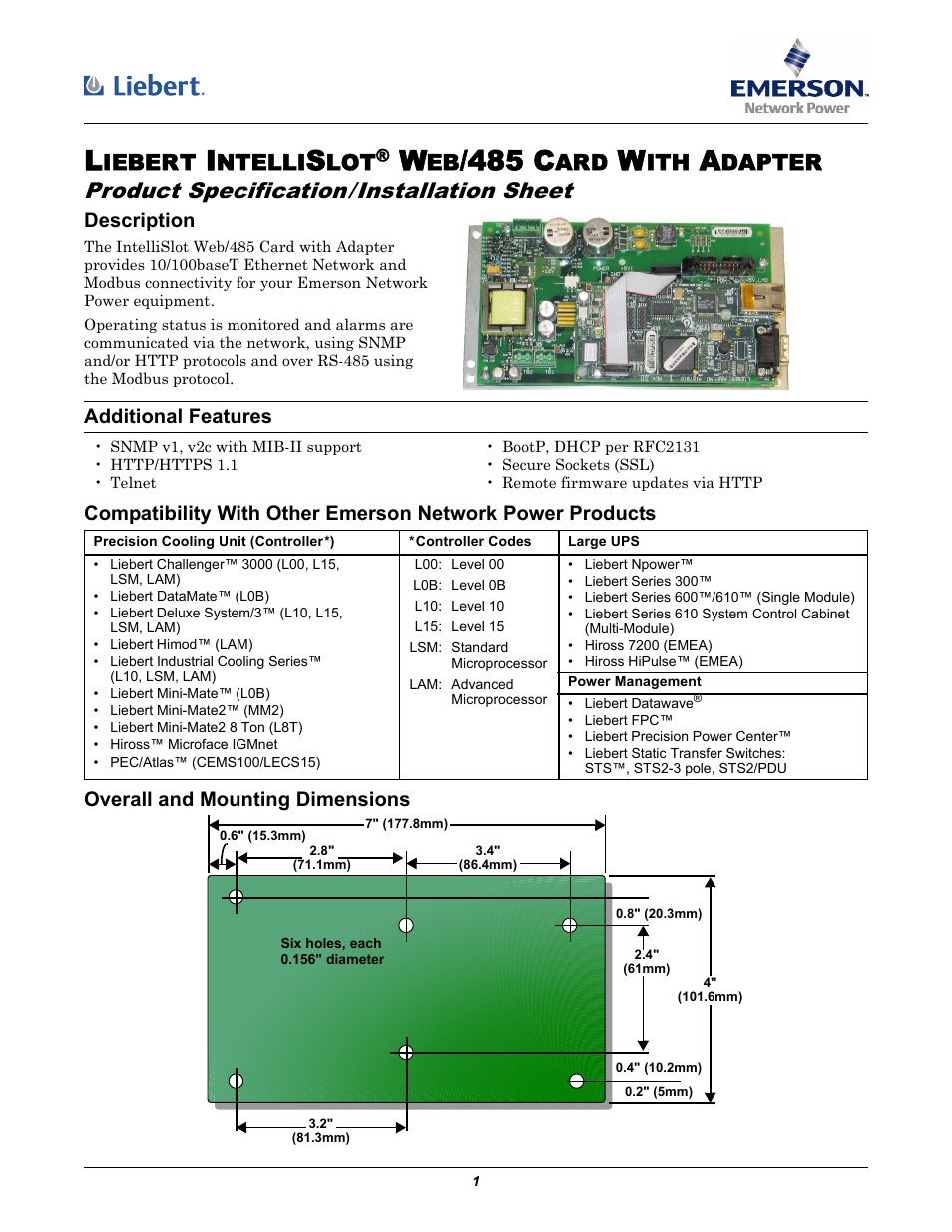 Emerson Liebert IntelliSlot WEB/485 User Manual | 2 pages