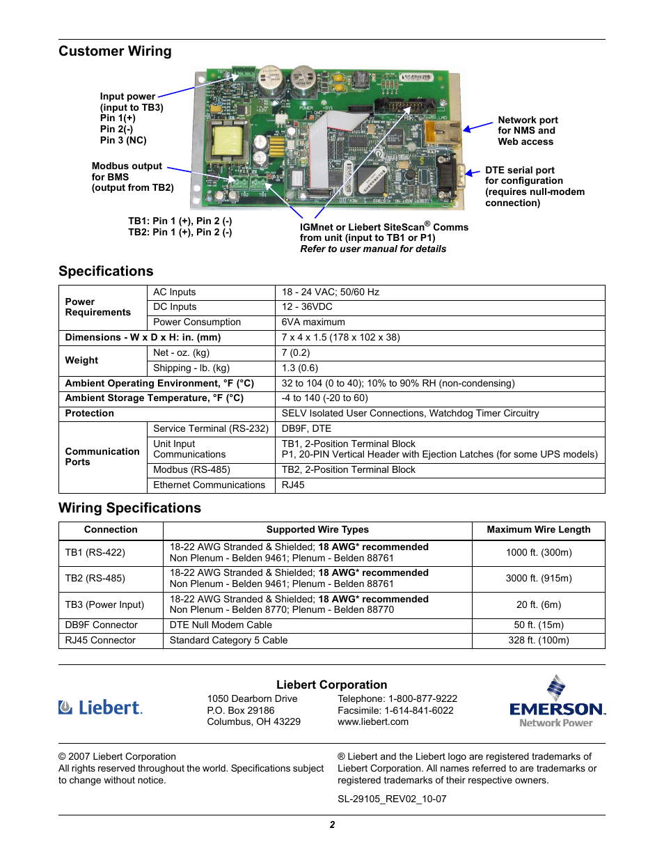 Customer wiring, Specifications, Wiring specifications | Emerson Liebert IntelliSlot WEB/485 User Manual | Page 2 / 2