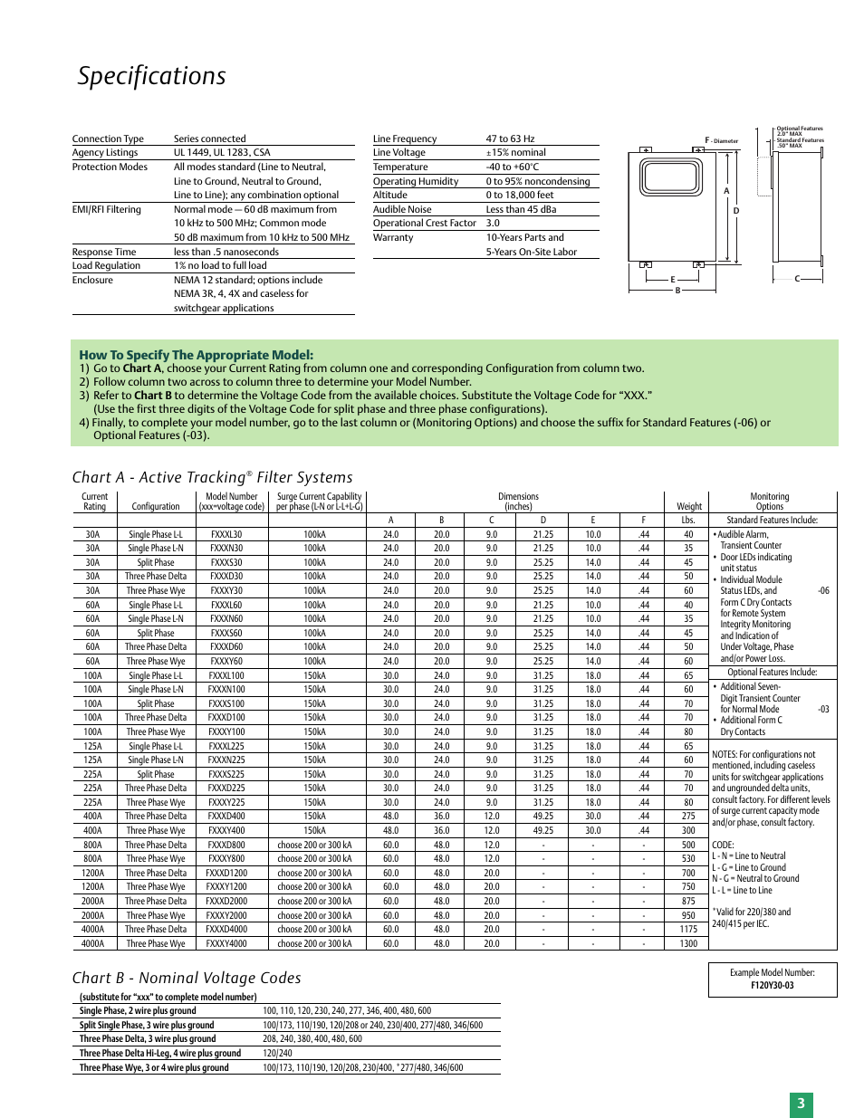 Specifications, Char t a - active tracking, Filter systems char t b - nominal voltage codes | How to specify the appropriate model | Emerson Active Tracking User Manual | Page 3 / 4