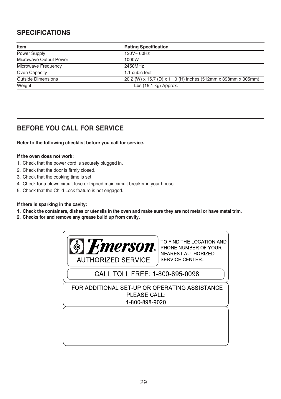 Specifications before you call for service | Emerson Radio MW8121SL User Manual | Page 30 / 32