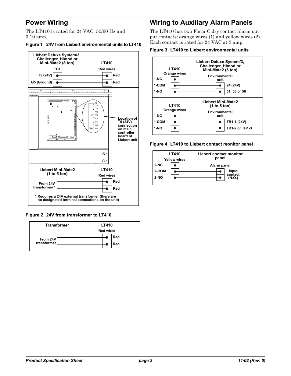 Power wiring, Wiring to auxiliary alarm panels | Emerson LIQUI-TECT LT410 User Manual | Page 2 / 2