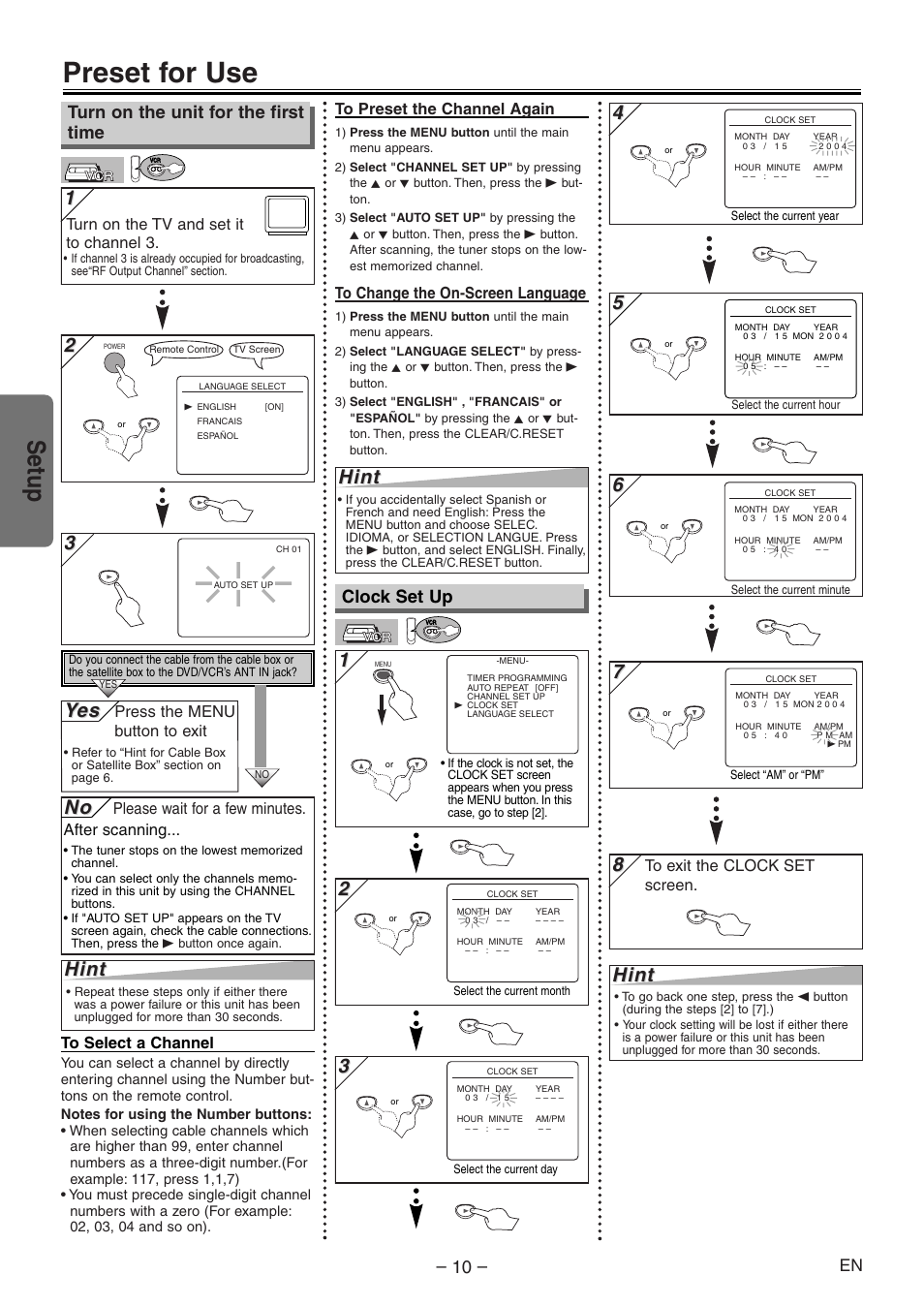 Preset for use, Setup, Hint | Yes es, Turn on the unit for the first time, Clock set up | Emerson EWD2204 User Manual | Page 10 / 28