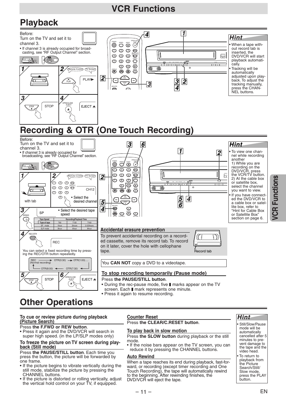 Recording & otr (one touch recording) playback, Other operations, Vcr functions | Hint, Accidental erasure prevention, Counter reset, Auto rewind | Emerson EWD2204 User Manual | Page 11 / 28