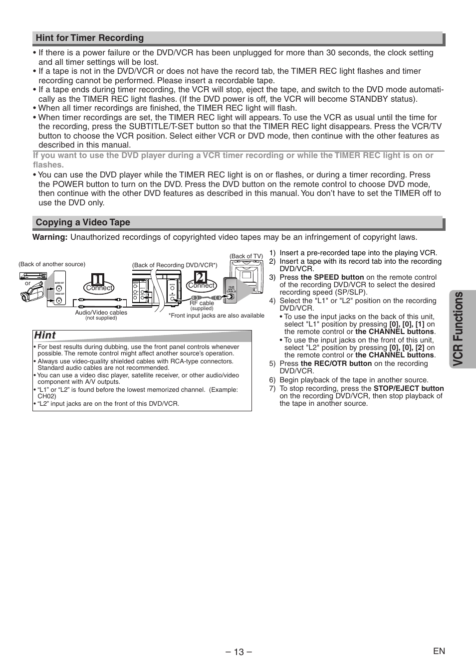 Vcr functions, Hint, Copying a video tape – 13 | Hint for timer recording, Connect | Emerson EWD2204 User Manual | Page 13 / 28