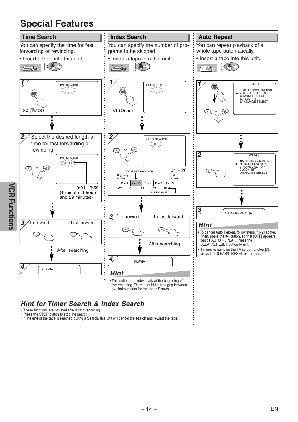 Special features, Vcr functions, Hint f | Hint, Time search index search auto repeat | Emerson EWD2204 User Manual | Page 14 / 28