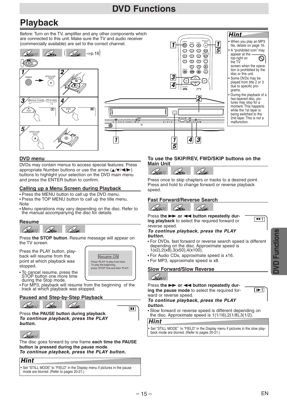 Playback, Dvd functions, 52 2 hint hint | 15 5 hint hint, Hint | Emerson EWD2204 User Manual | Page 15 / 28
