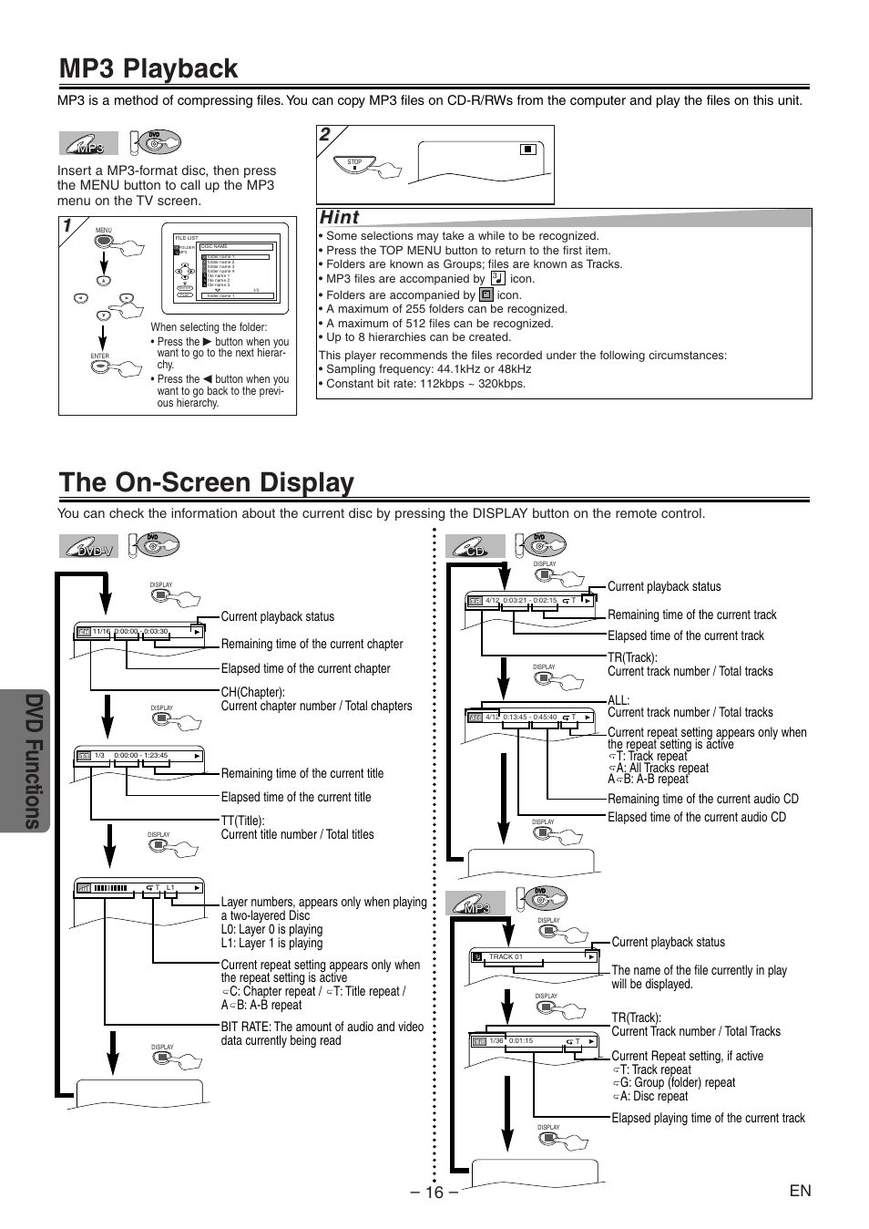 Mp3 playback, The on-screen display, Dvd functions | Hint | Emerson EWD2204 User Manual | Page 16 / 28