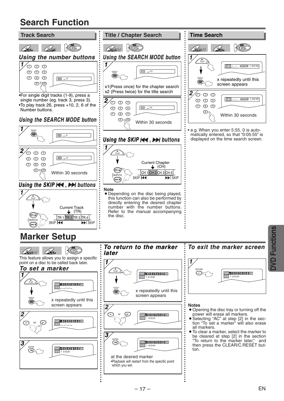 Search function, Marker setup, Dvd functions | Using the search, Using the search mode mode b b utton utton 1 1, Using the n, Using the n umber b umber b uttons uttons, Using the search mode mode b b utton utton, Using the skip, Time search | Emerson EWD2204 User Manual | Page 17 / 28