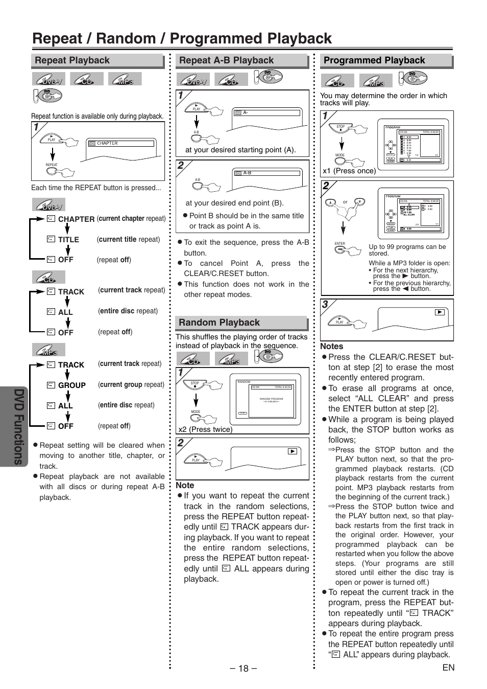 Repeat / random / programmed playback, Dvd functions, Repeat playback programmed playback | Repeat a-b playback, Random playback | Emerson EWD2204 User Manual | Page 18 / 28