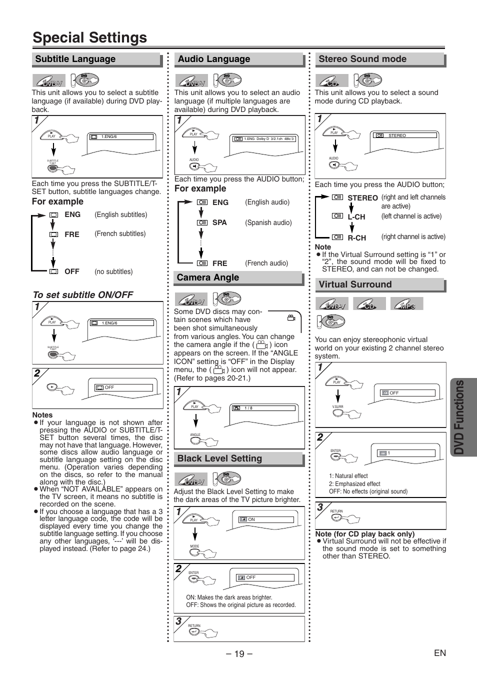 Special settings, Dvd functions, Audio language | For example, Stereo sound mode camera angle, For example subtitle language, Black level setting, Virtual surround | Emerson EWD2204 User Manual | Page 19 / 28