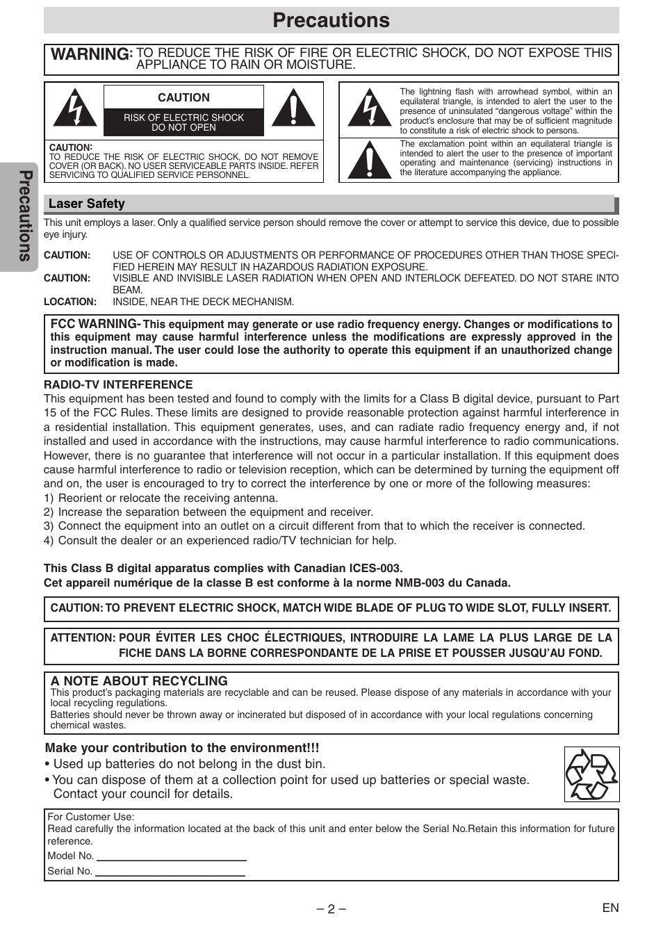 Precautions, Warning | Emerson EWD2204 User Manual | Page 2 / 28