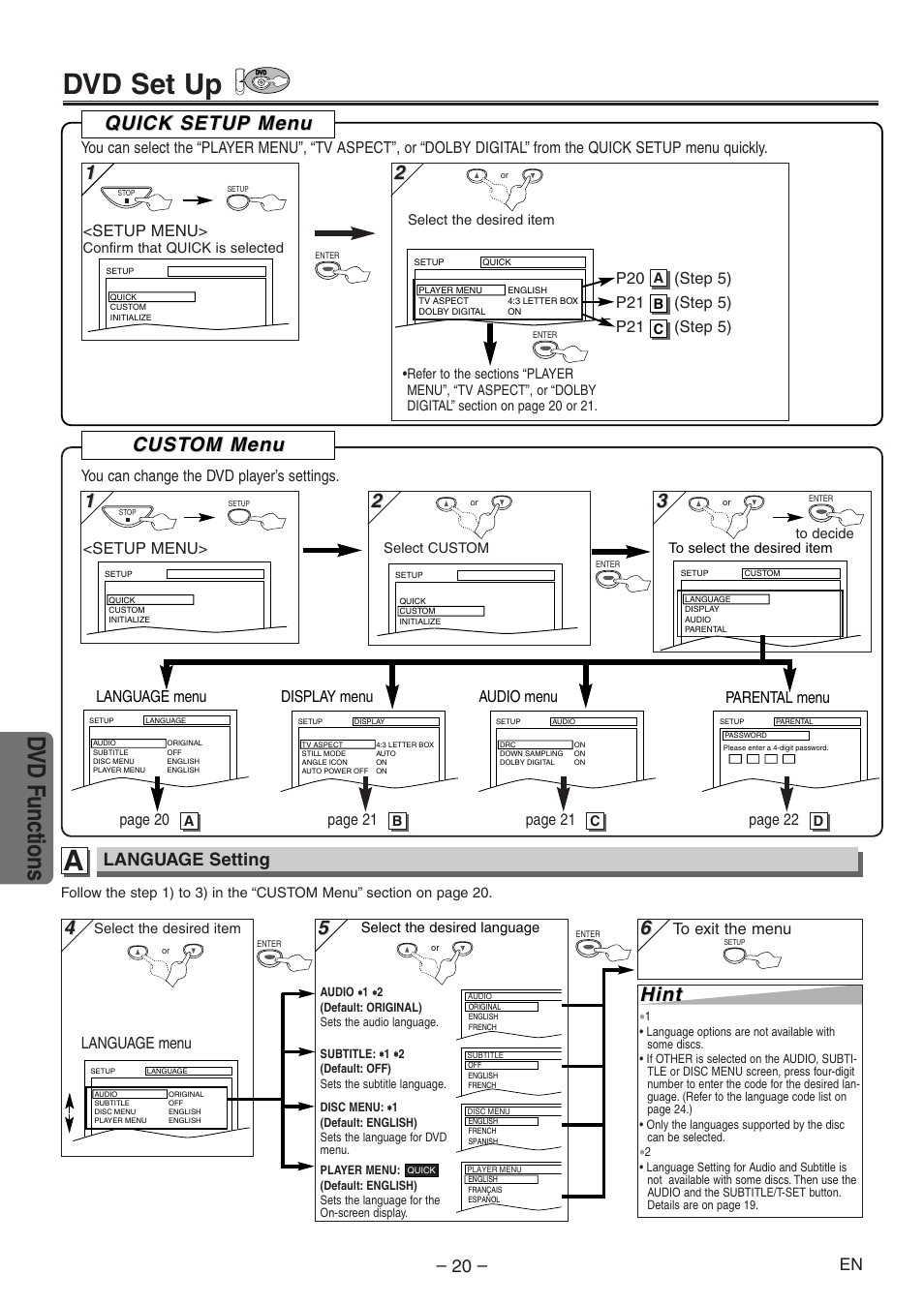 Dvd set up, Dvd functions, Cust | Cust om men om men u u, Hint, Quick setup men uick setup men u u, Language setting | Emerson EWD2204 User Manual | Page 20 / 28