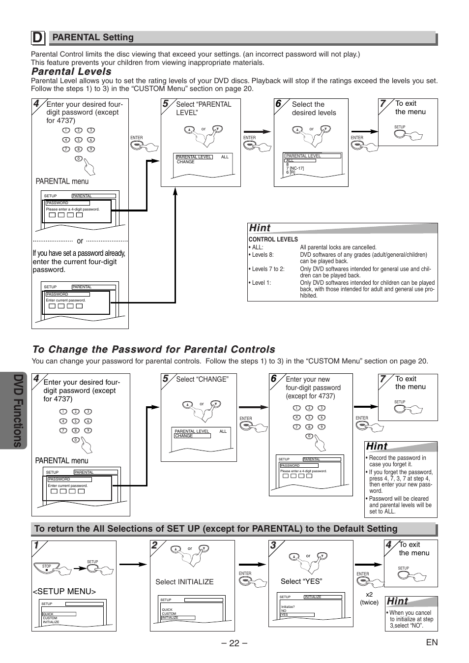 Dvd functions, 4hint hint, Parental arental le le vels vels | Hint, Parental setting | Emerson EWD2204 User Manual | Page 22 / 28